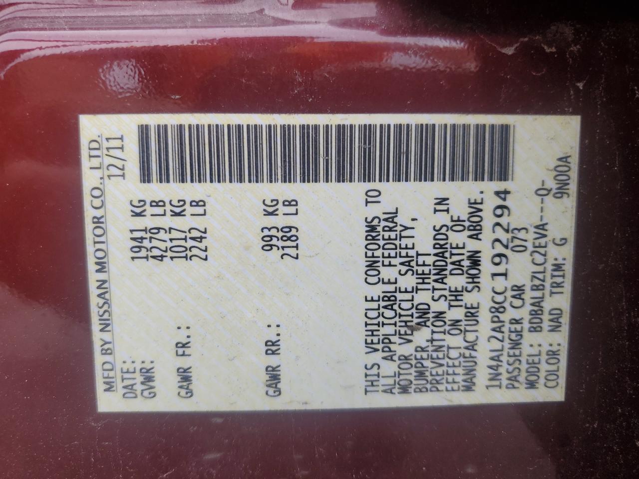 2012 Nissan Altima Base VIN: 1N4AL2AP8CC192294 Lot: 69968964