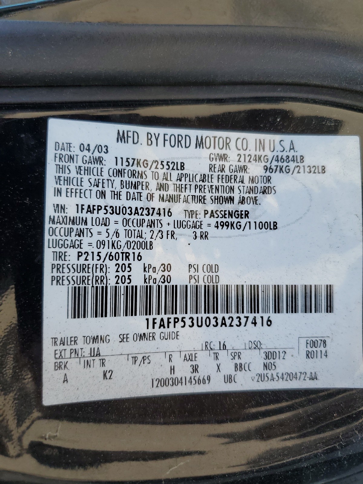 1FAFP53U03A237416 2003 Ford Taurus Se