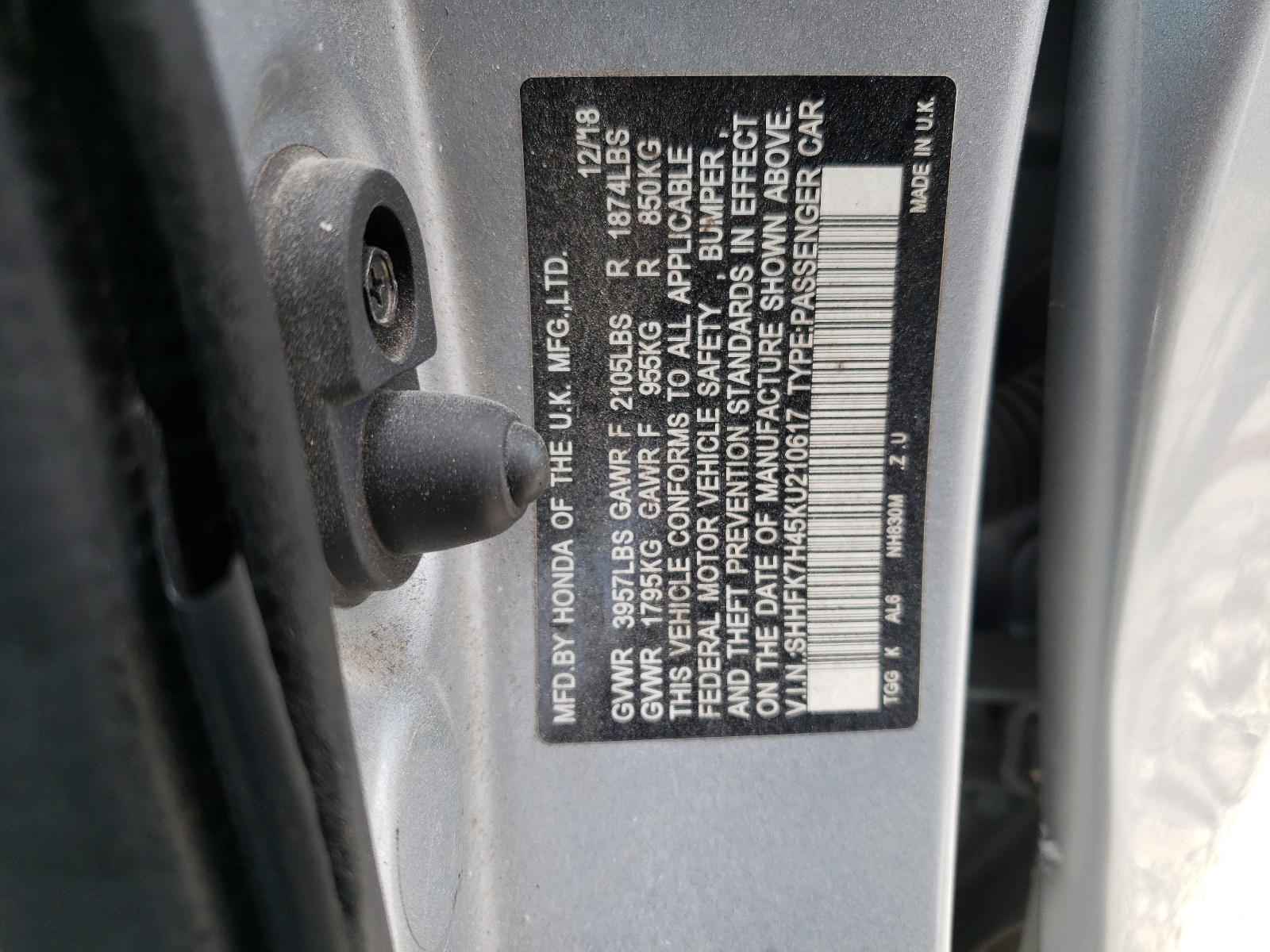 SHHFK7H45KU210617 2019 Honda Civic Sport