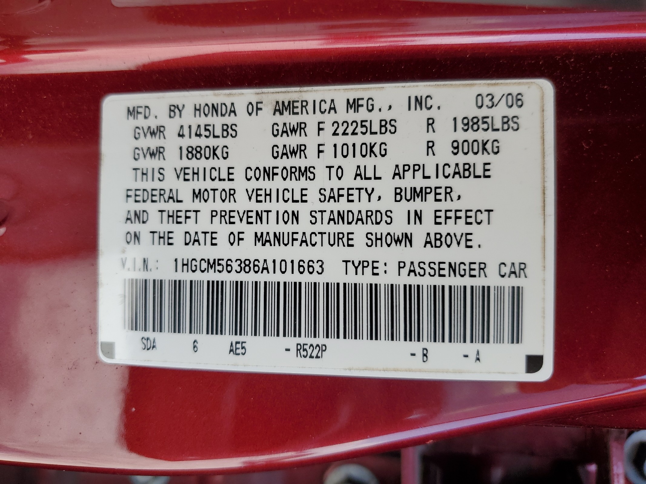 1HGCM56386A101663 2006 Honda Accord Se