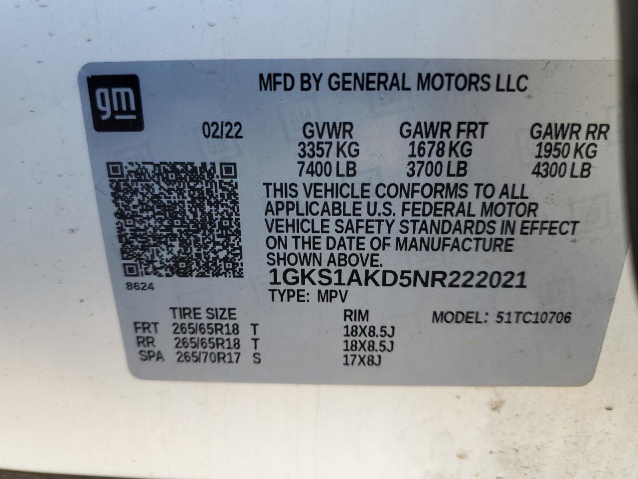 1GKS1AKD5NR222021 2022 GMC Yukon Sle