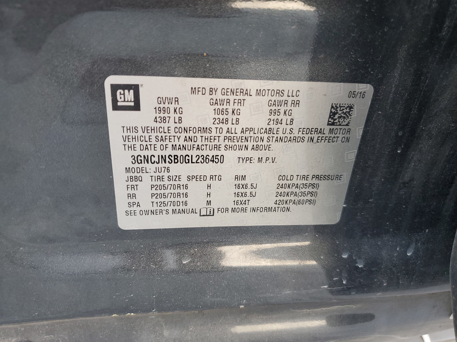 3GNCJNSB0GL236450 2016 Chevrolet Trax Ls