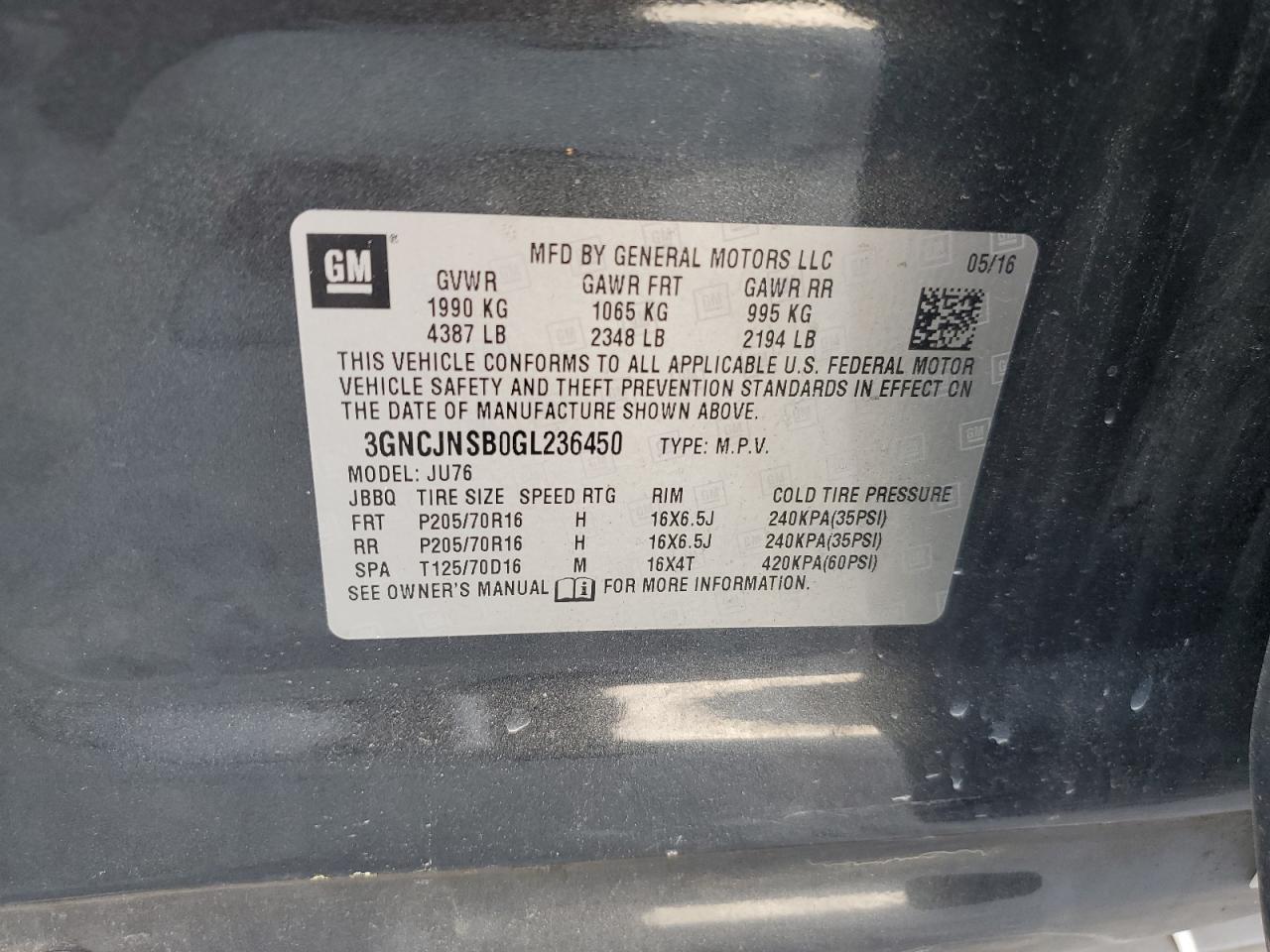 2016 Chevrolet Trax Ls VIN: 3GNCJNSB0GL236450 Lot: 58088854