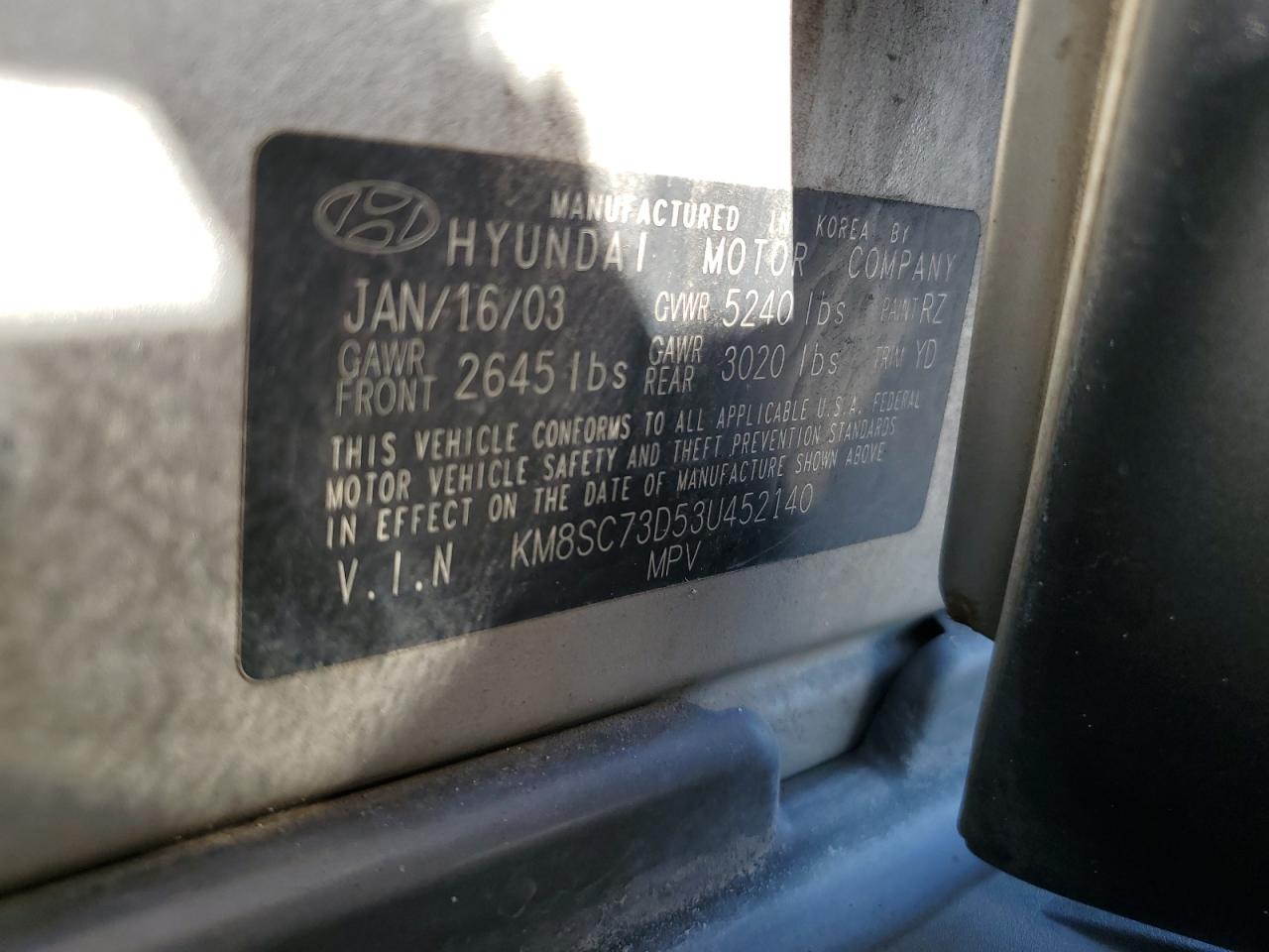 2003 Hyundai Santa Fe Gls VIN: KM8SC73D53U452140 Lot: 57699114