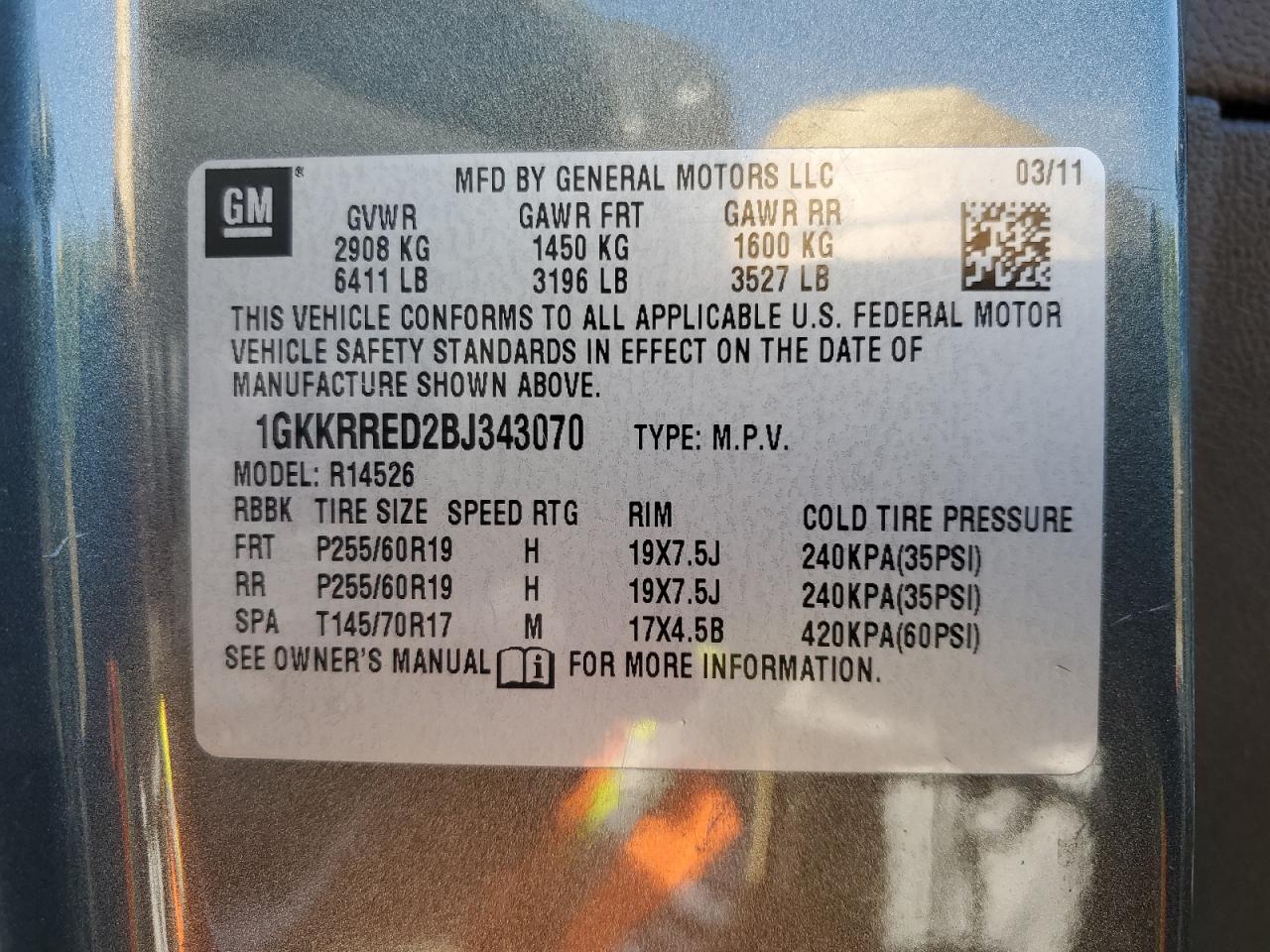 2011 GMC Acadia Slt-1 VIN: 1GKKRRED2BJ343070 Lot: 58699644