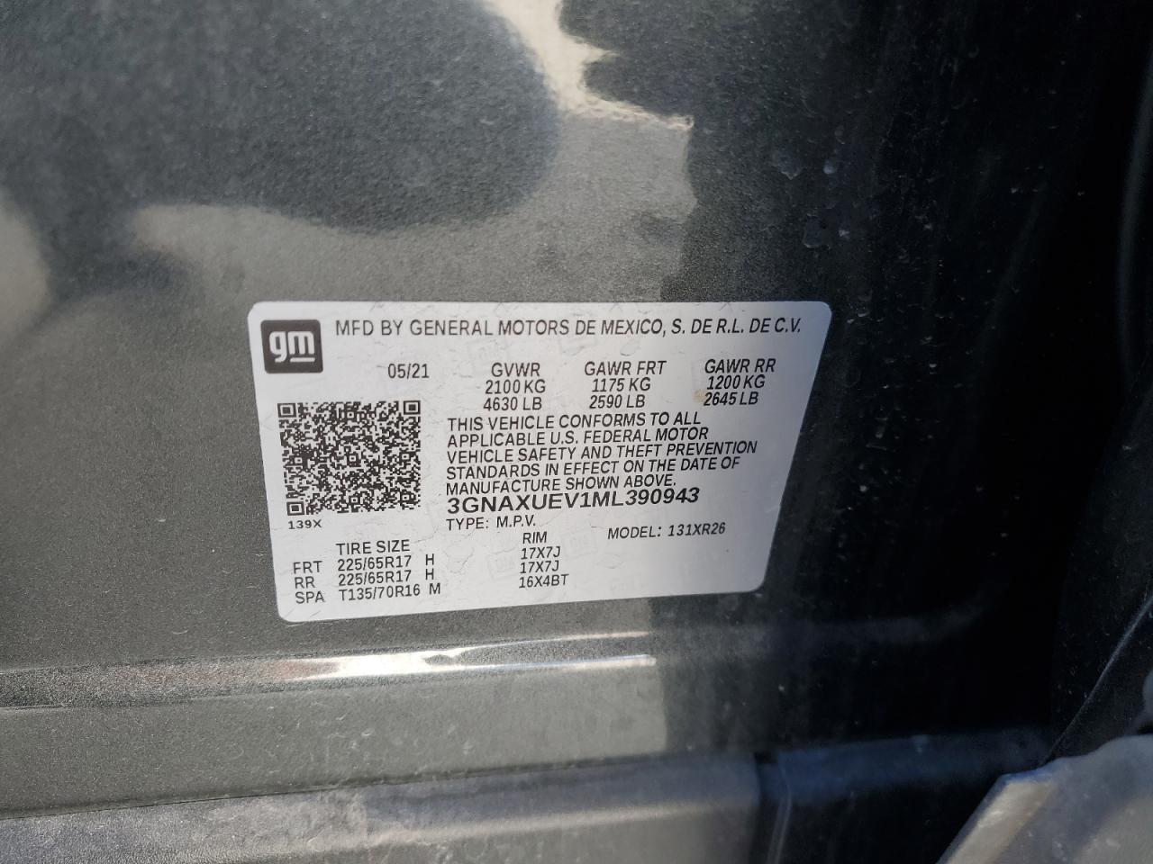 2021 Chevrolet Equinox Lt VIN: 3GNAXUEV1ML390943 Lot: 59502124