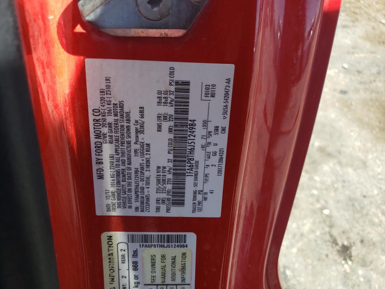 2018 Ford Mustang VIN: 1FA6P8TH6J5124984 Lot: 57939994