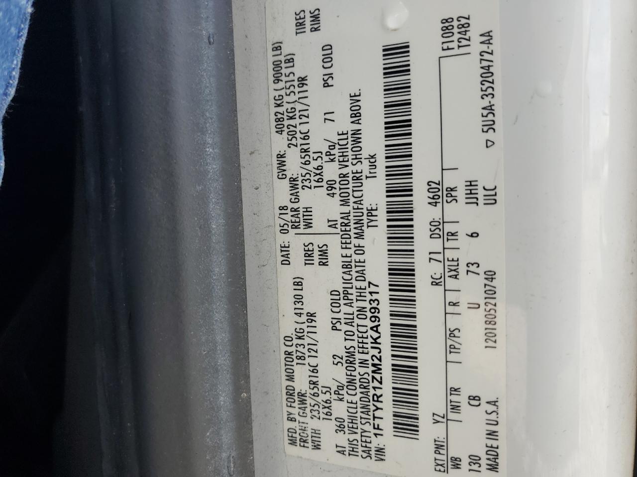 2018 Ford Transit T-250 VIN: 1FTYR1ZM2JKA99317 Lot: 64094674