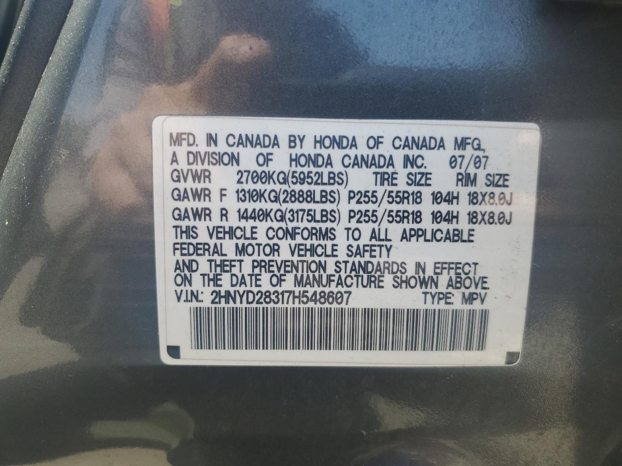 2007 Acura Mdx Technology VIN: 2HNYD28317H548607 Lot: 59312754