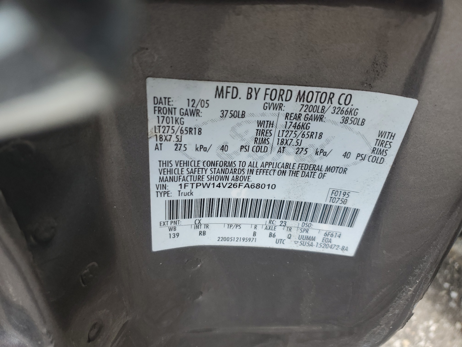 1FTPW14V26FA68010 2006 Ford F150 Supercrew