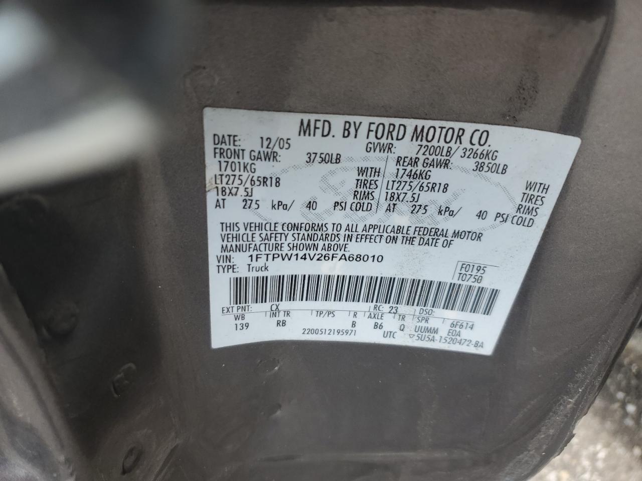 2006 Ford F150 Supercrew VIN: 1FTPW14V26FA68010 Lot: 60913284