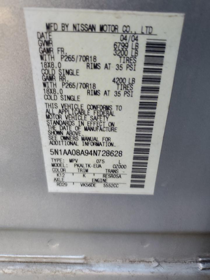 5N1AA08A94N728628 2004 Nissan Armada Se