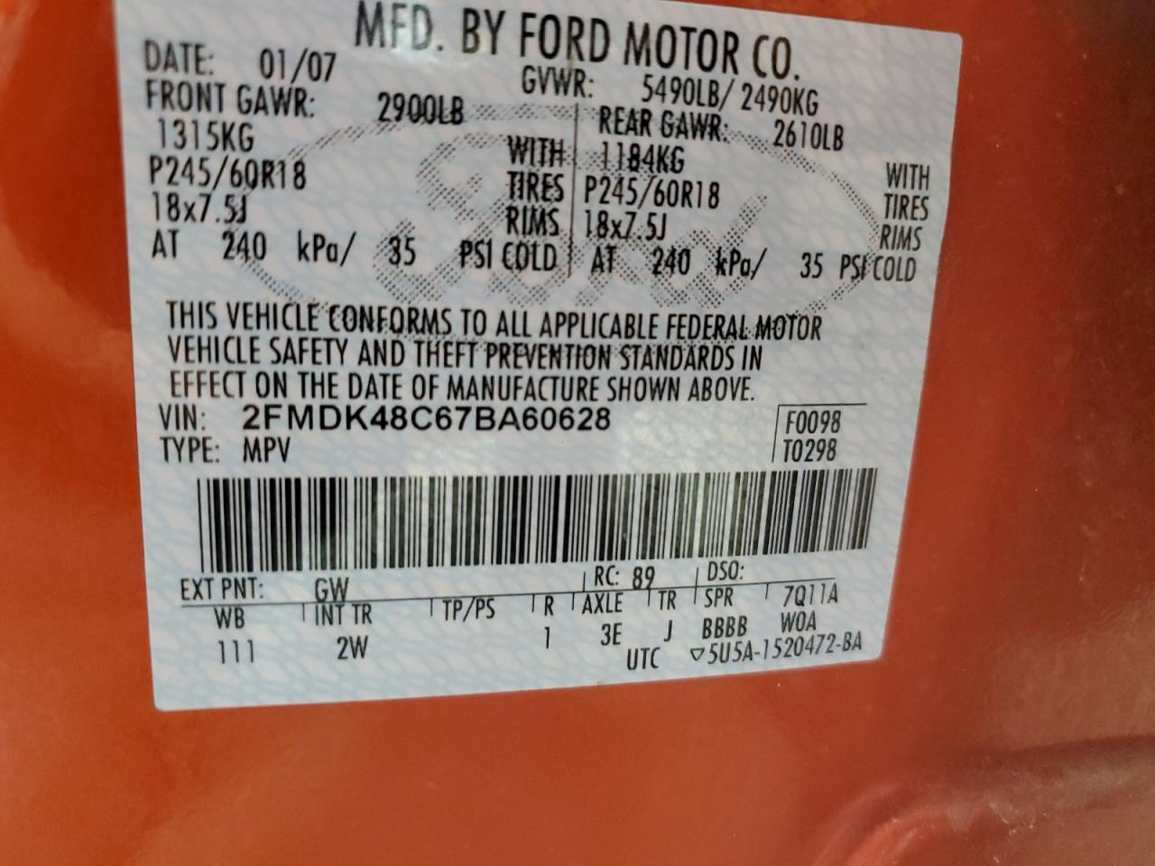 2007 Ford Edge Sel VIN: 2FMDK48C67BA60628 Lot: 58304464