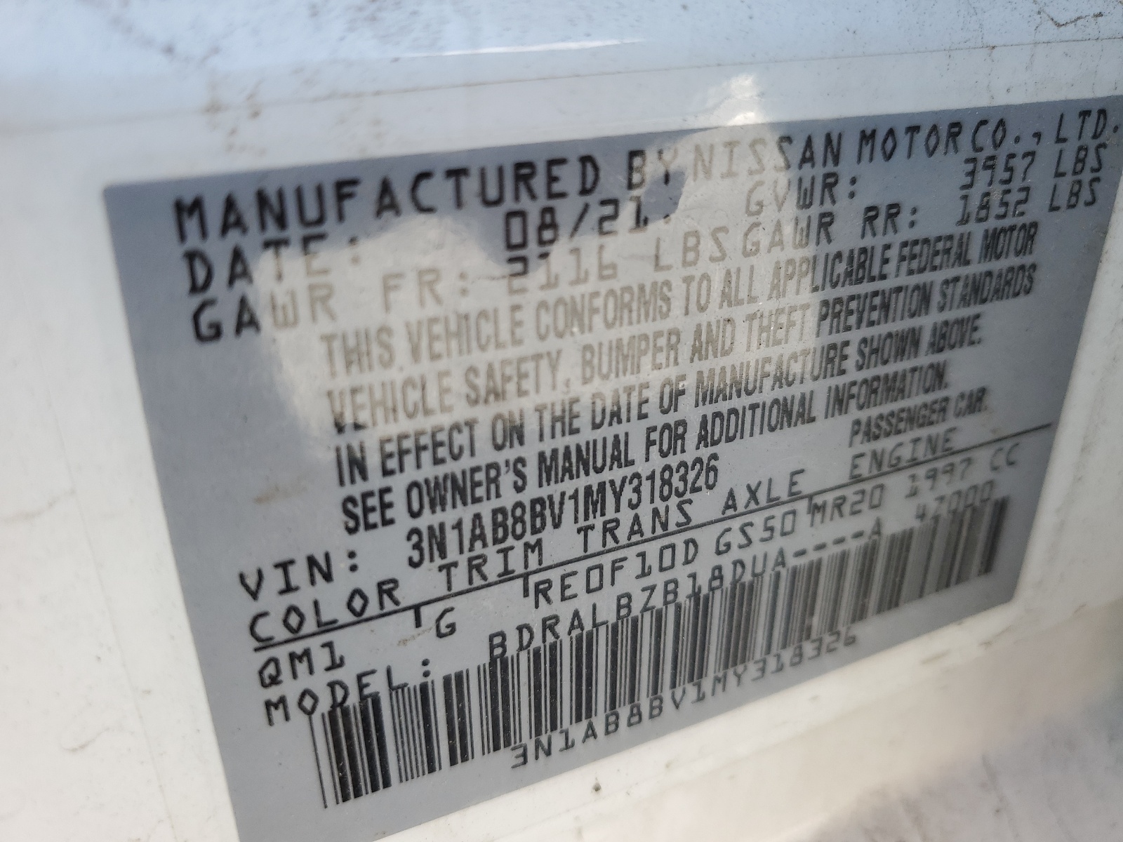 3N1AB8BV1MY318326 2021 Nissan Sentra S