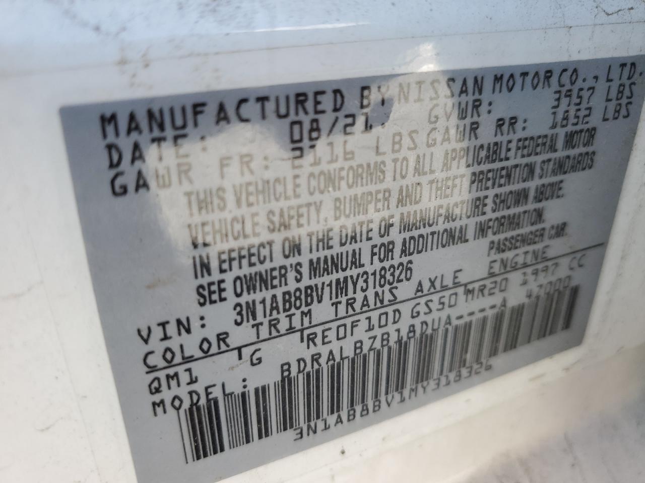 2021 Nissan Sentra S VIN: 3N1AB8BV1MY318326 Lot: 58411574