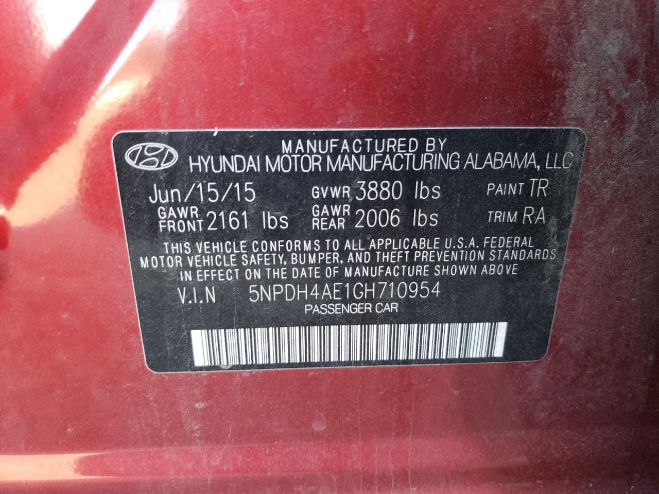 2016 Hyundai Elantra Se VIN: 5NPDH4AE1GH710954 Lot: 57704614