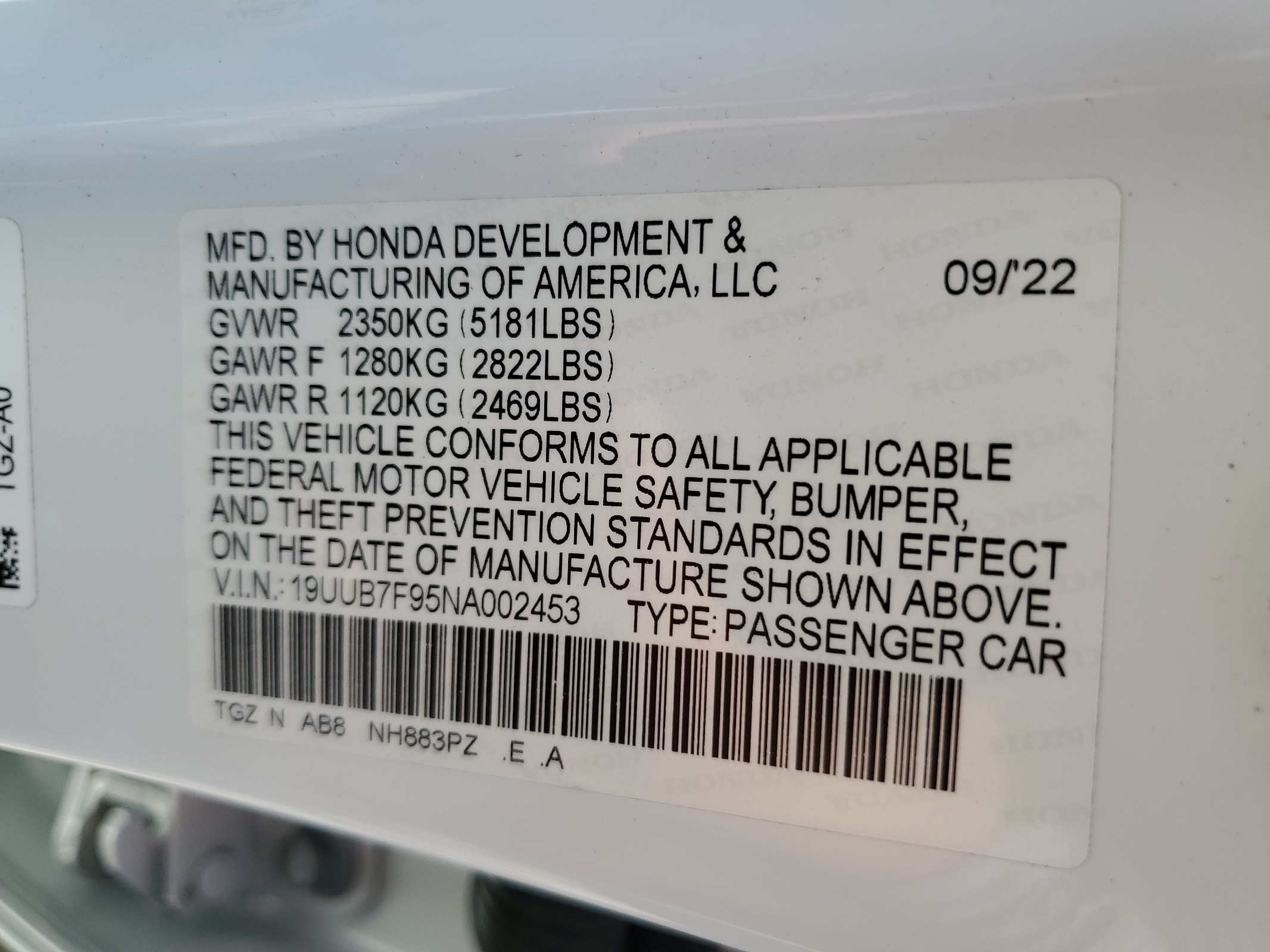 19UUB7F95NA002453 2022 Acura Tlx Type S