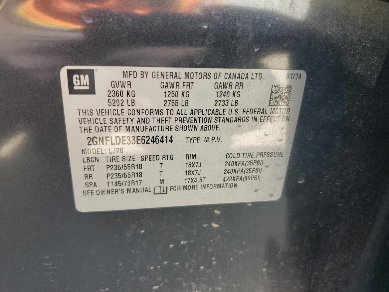 2014 Chevrolet Equinox Ltz VIN: 2GNFLDE33E6246414 Lot: 58967014