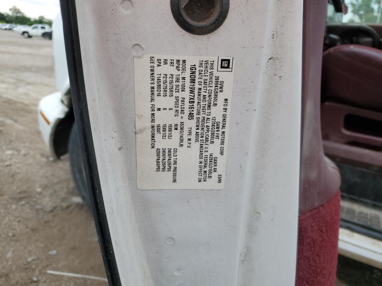 1999 Chevrolet Astro VIN: 1GNDM19W7XB161485 Lot: 60388974