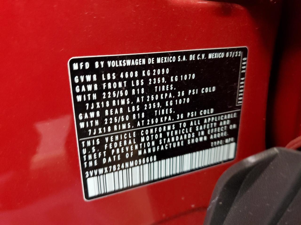 2022 Volkswagen Taos Se VIN: 3VVWX7B24NM096668 Lot: 59229184