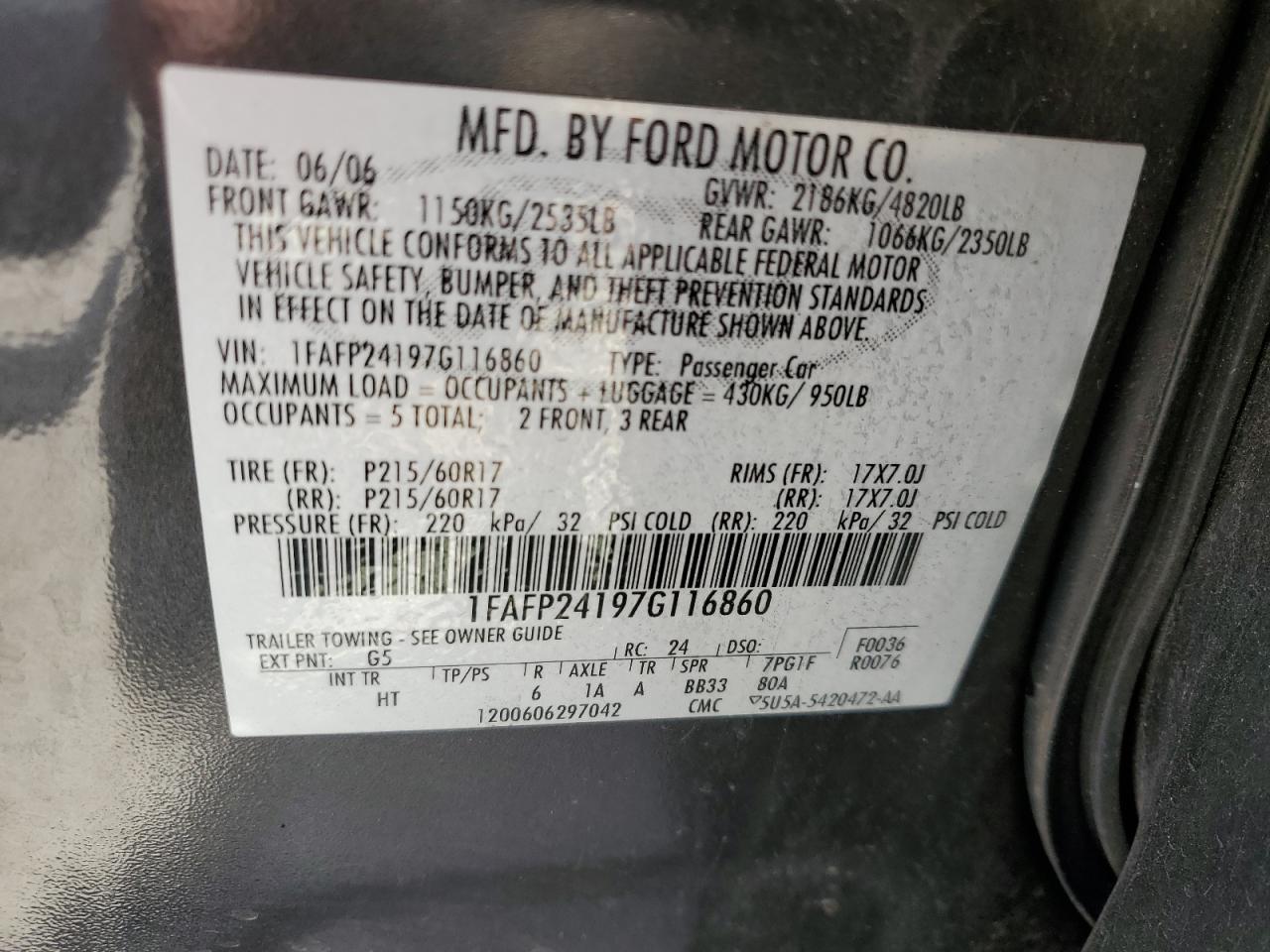 2007 Ford Five Hundred Sel VIN: 1FAFP24197G116860 Lot: 59072834