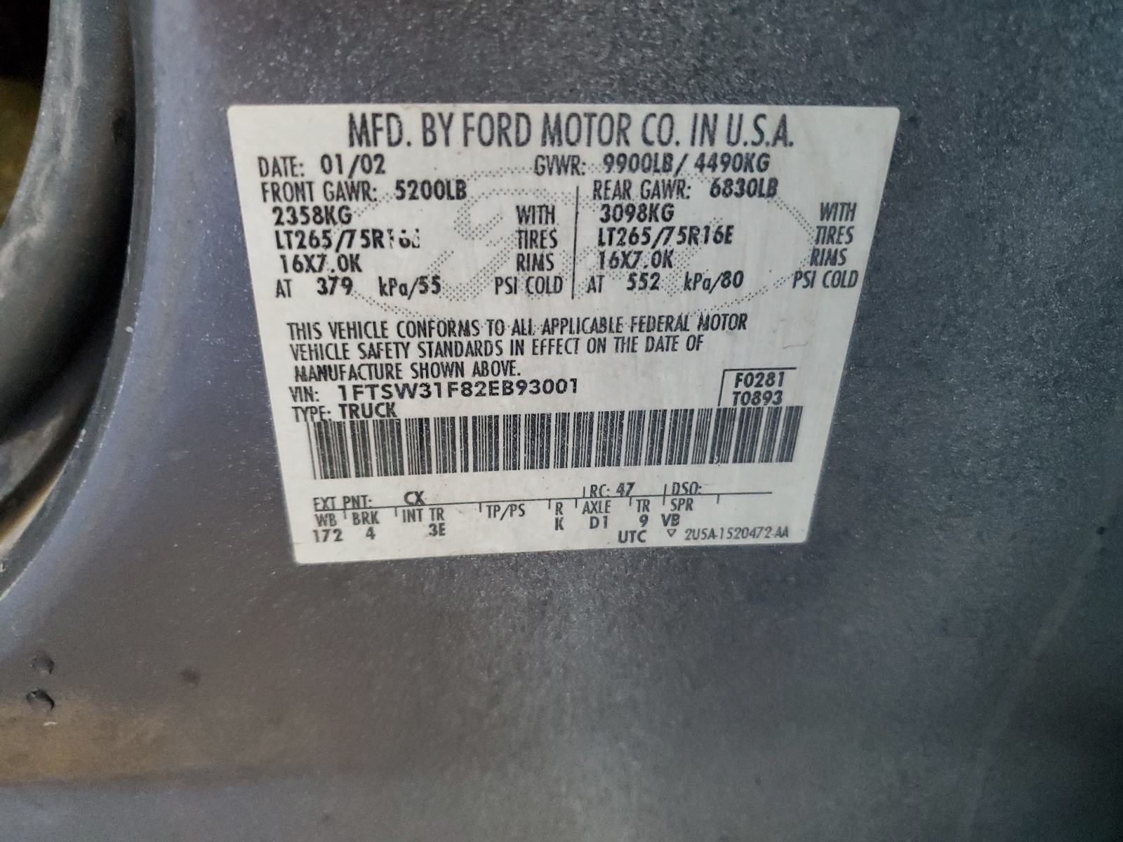 1FTSW31F82EB93001 2002 Ford F350 Srw Super Duty