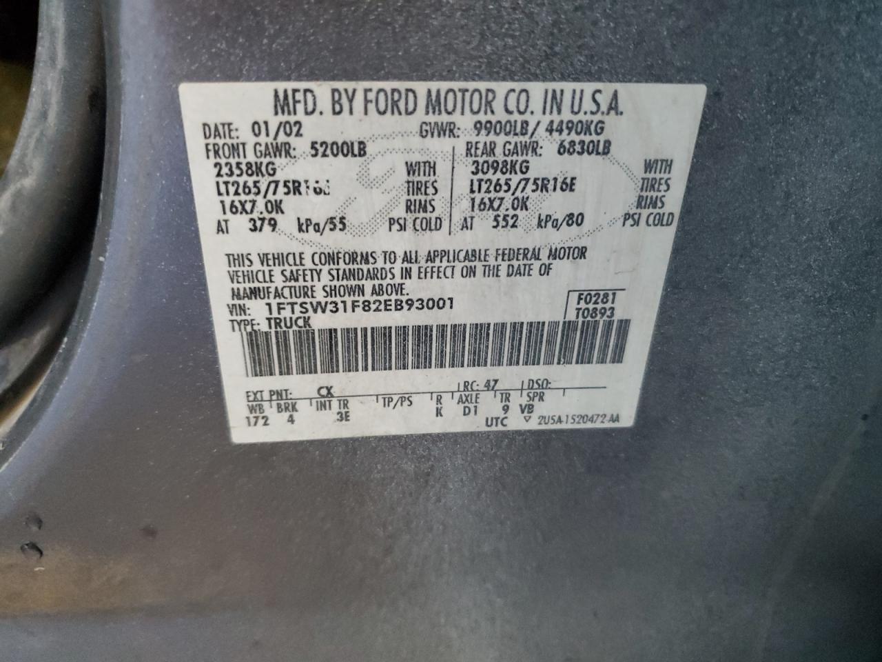 2002 Ford F350 Srw Super Duty VIN: 1FTSW31F82EB93001 Lot: 60001724