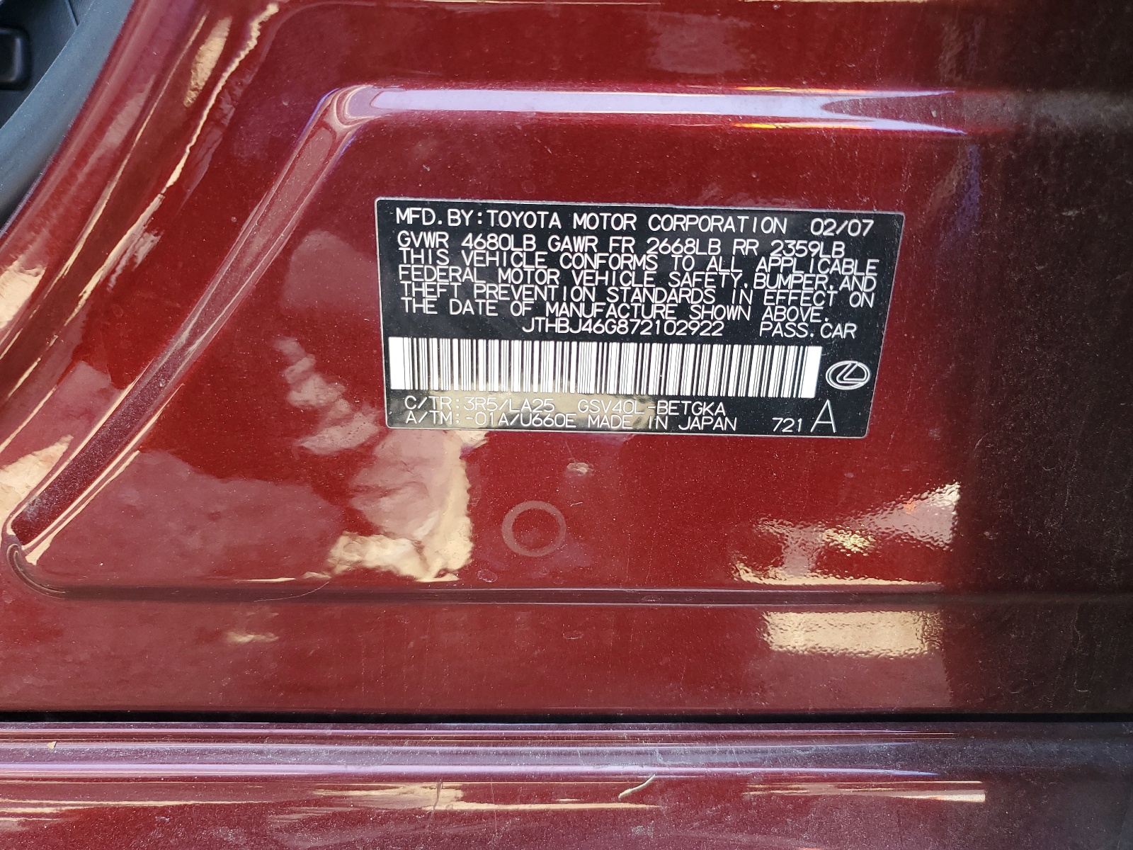 JTHBJ46G872102922 2007 Lexus Es 350