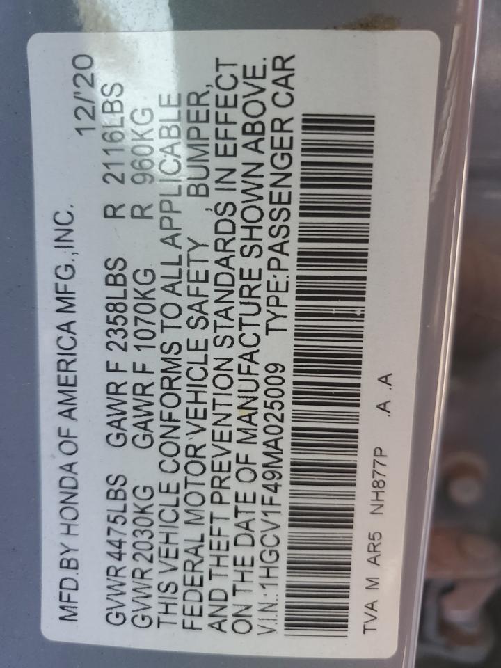 2021 Honda Accord Sport Se VIN: 1HGCV1F49MA025009 Lot: 59570874