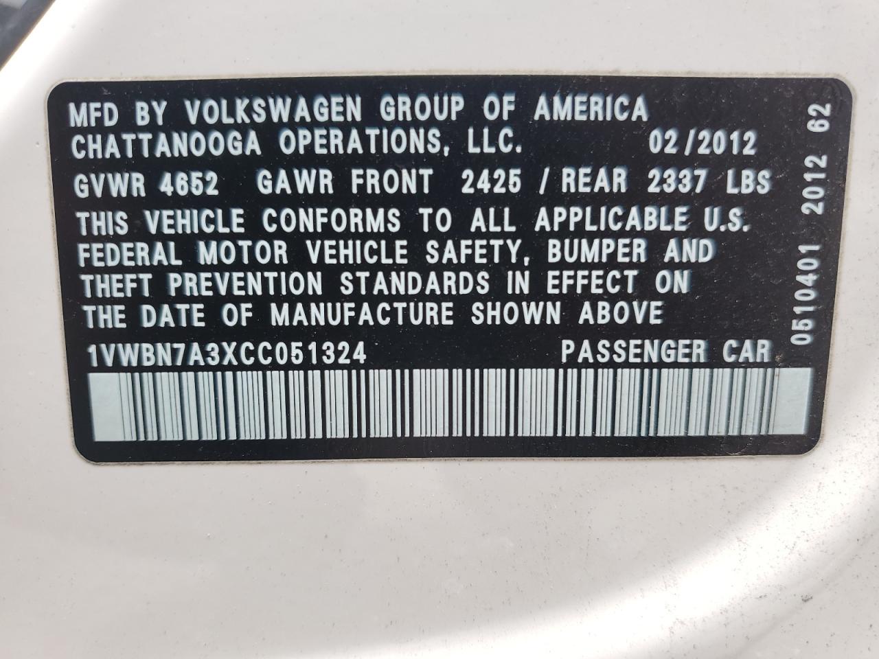 2012 Volkswagen Passat Se VIN: 1VWBN7A3XCC051324 Lot: 59769994