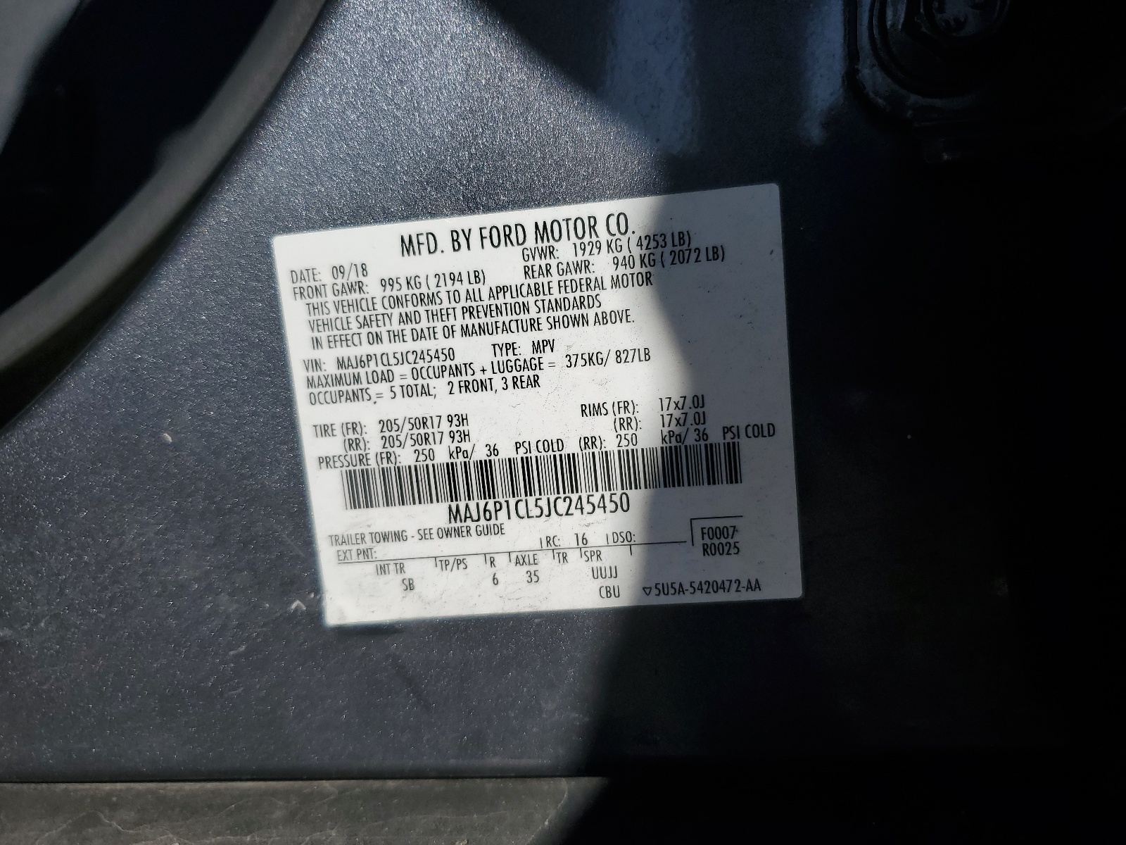 MAJ6P1CL5JC245450 2018 Ford Ecosport Ses