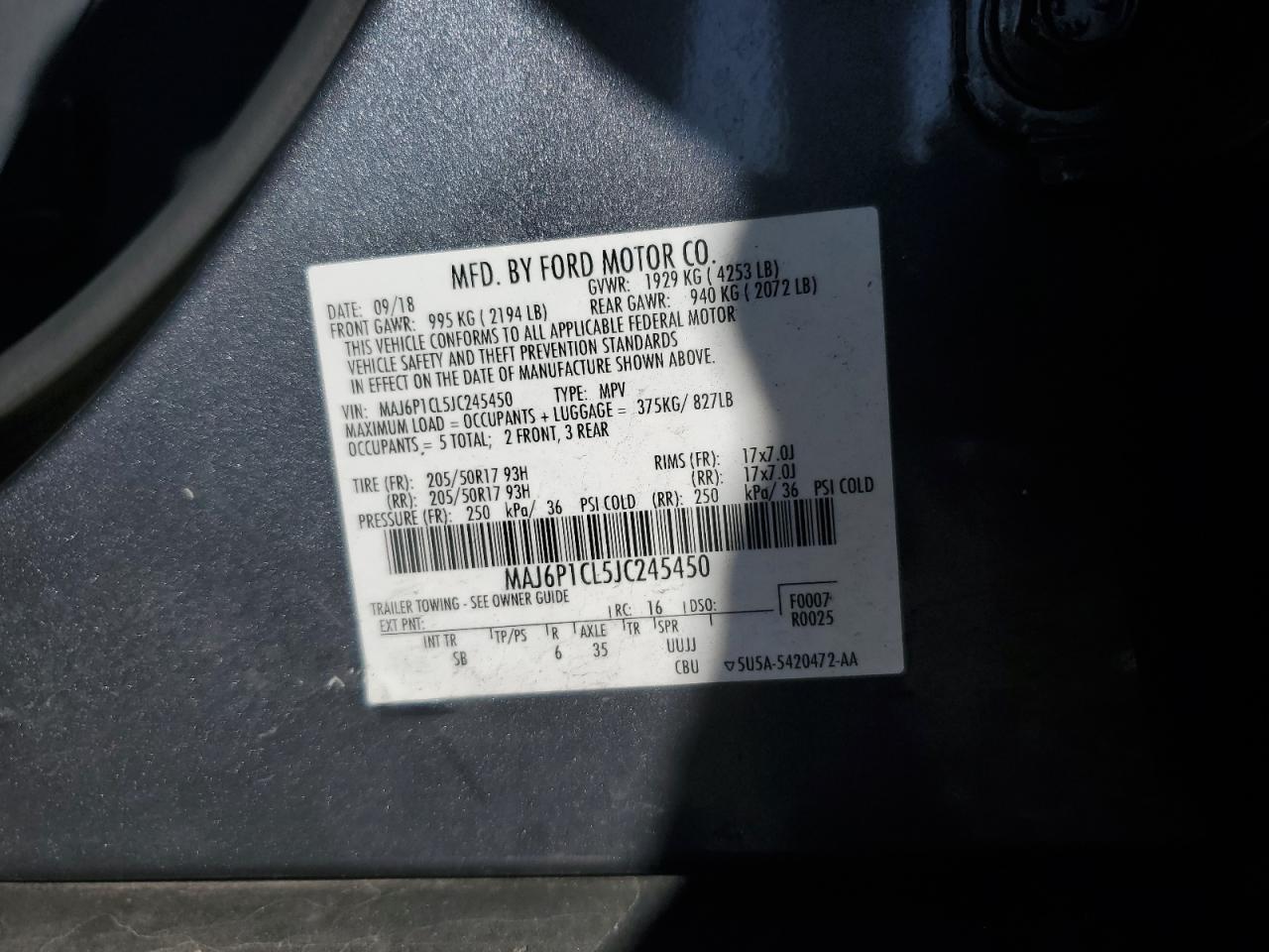 2018 Ford Ecosport Ses VIN: MAJ6P1CL5JC245450 Lot: 57482204