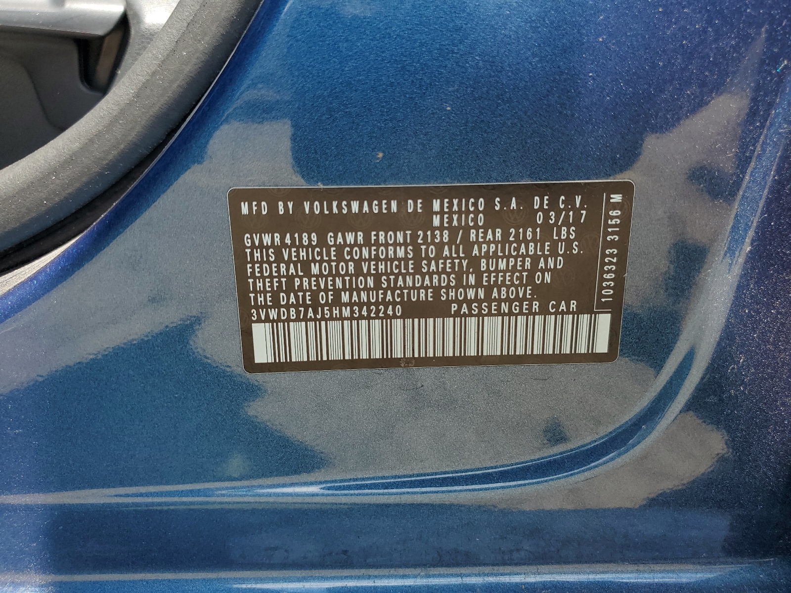 3VWDB7AJ5HM342240 2017 Volkswagen Jetta Se