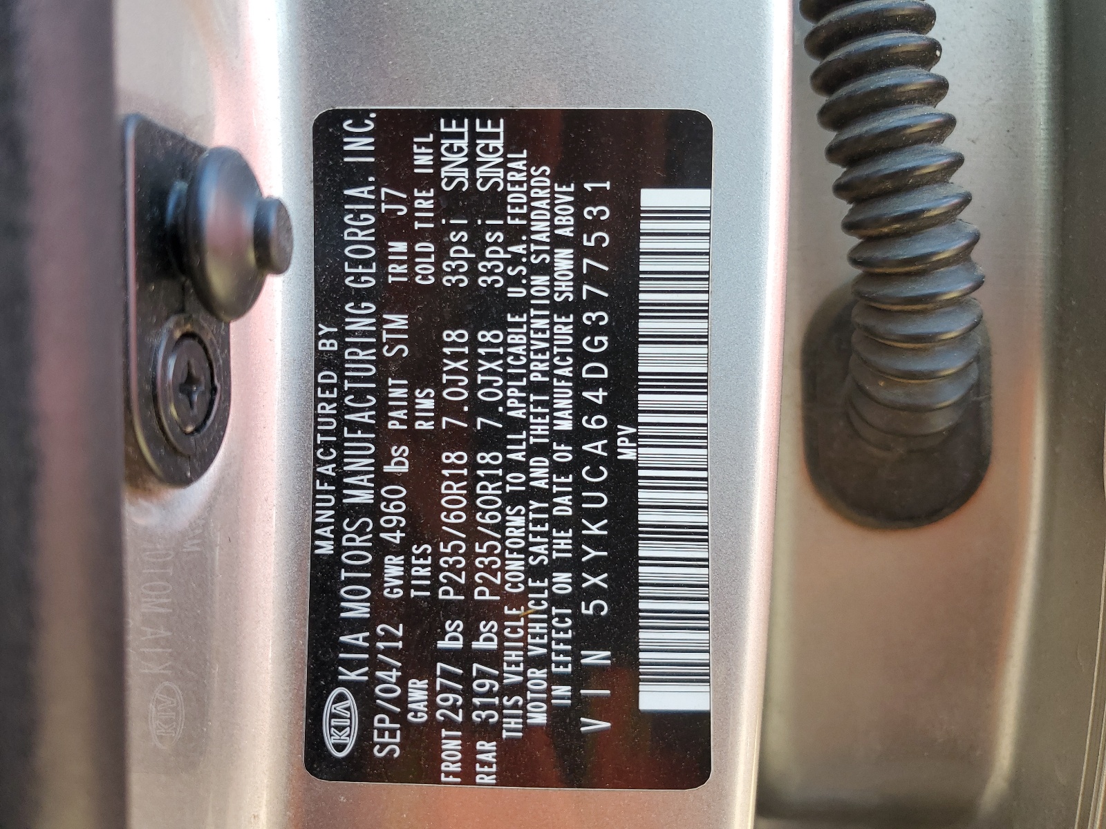 5XYKUCA64DG377531 2013 Kia Sorento Ex