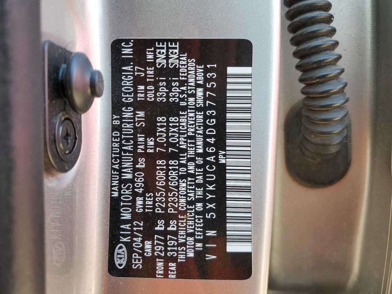 2013 Kia Sorento Ex VIN: 5XYKUCA64DG377531 Lot: 59047314