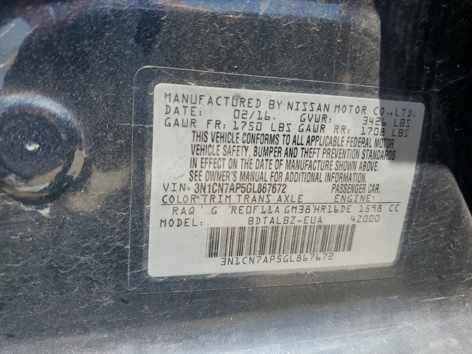 3N1CN7AP5GL867672 2016 Nissan Versa S