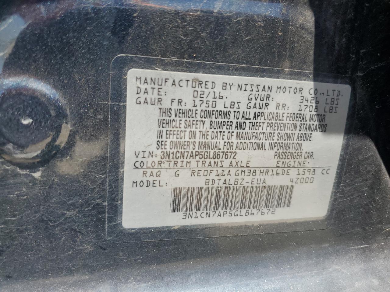 2016 Nissan Versa S VIN: 3N1CN7AP5GL867672 Lot: 58519374