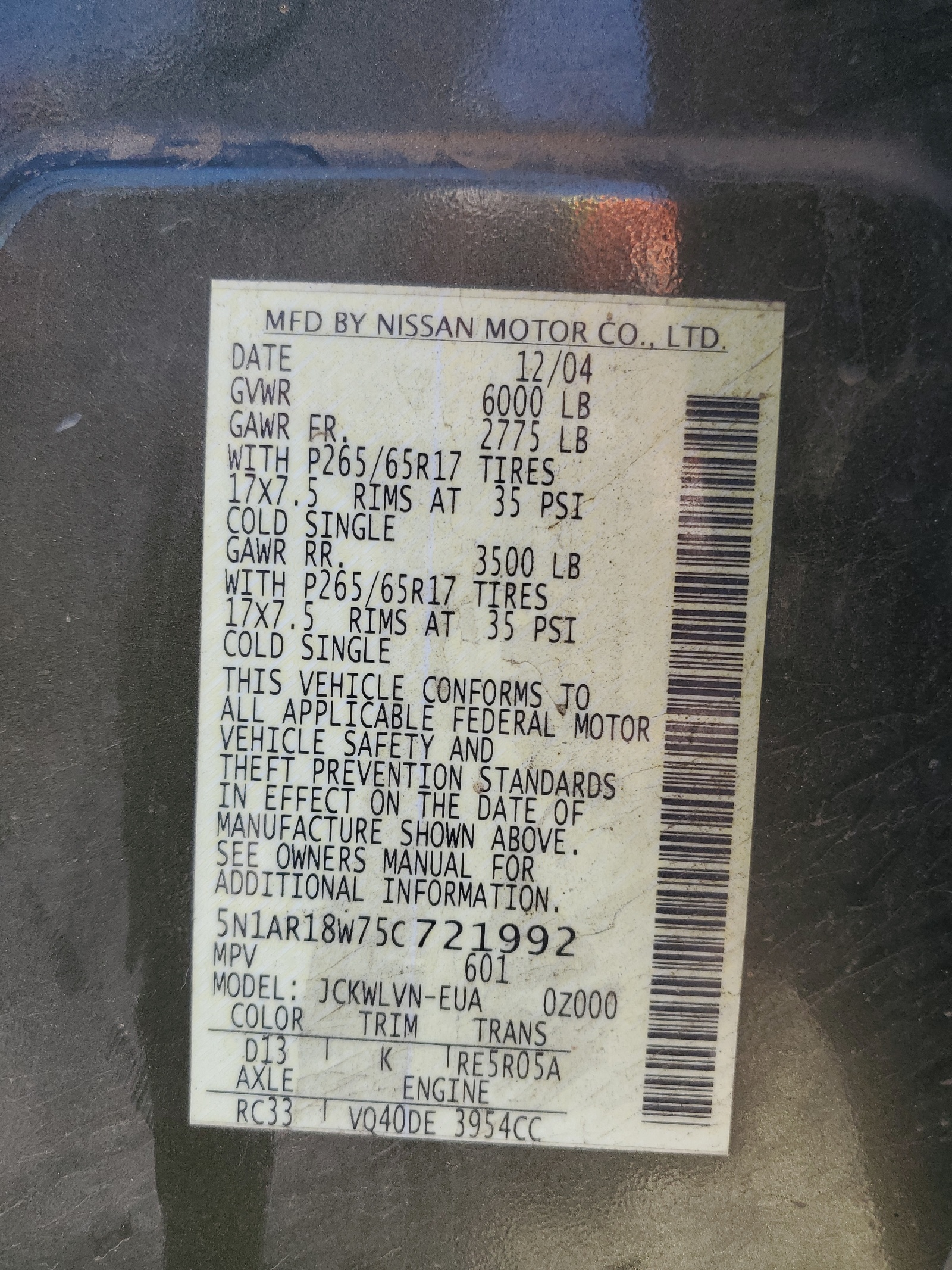 5N1AR18W75C721992 2005 Nissan Pathfinder Le