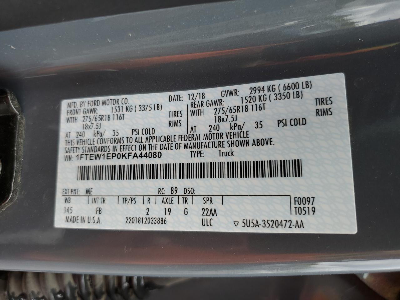 2019 Ford F150 Supercrew VIN: 1FTEW1EP0KFA44080 Lot: 60148714