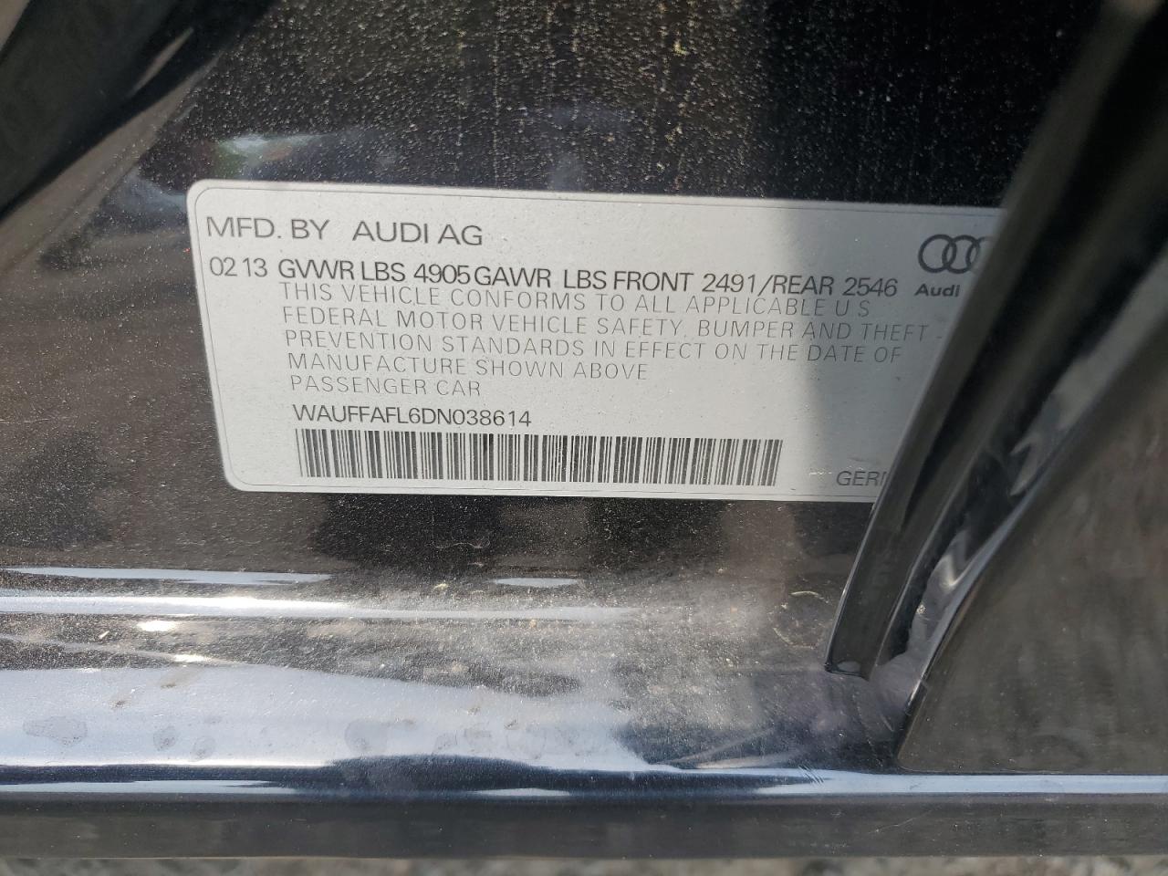 2013 Audi A4 Premium Plus VIN: WAUFFAFL6DN038614 Lot: 58932704