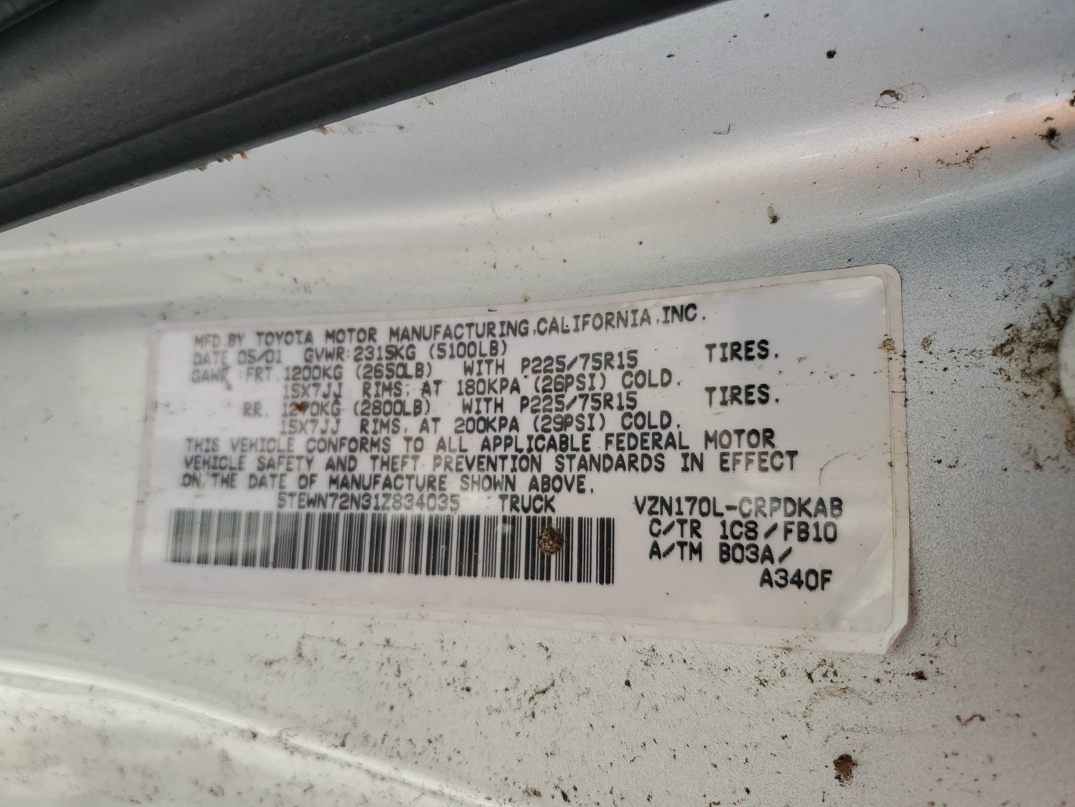 5TEWN72N31Z834035 2001 Toyota Tacoma Xtracab