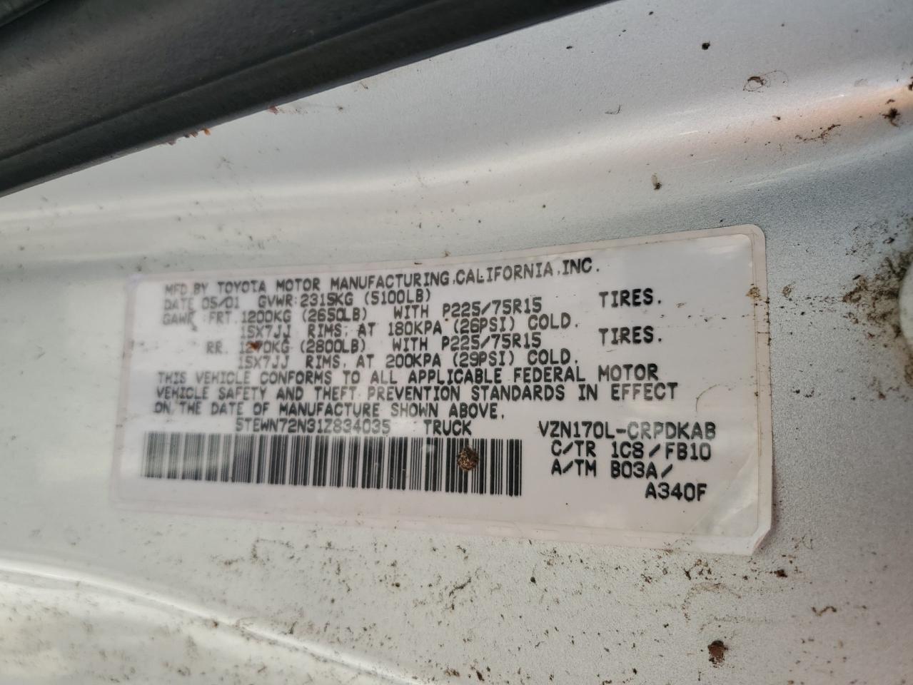 2001 Toyota Tacoma Xtracab VIN: 5TEWN72N31Z834035 Lot: 59185024