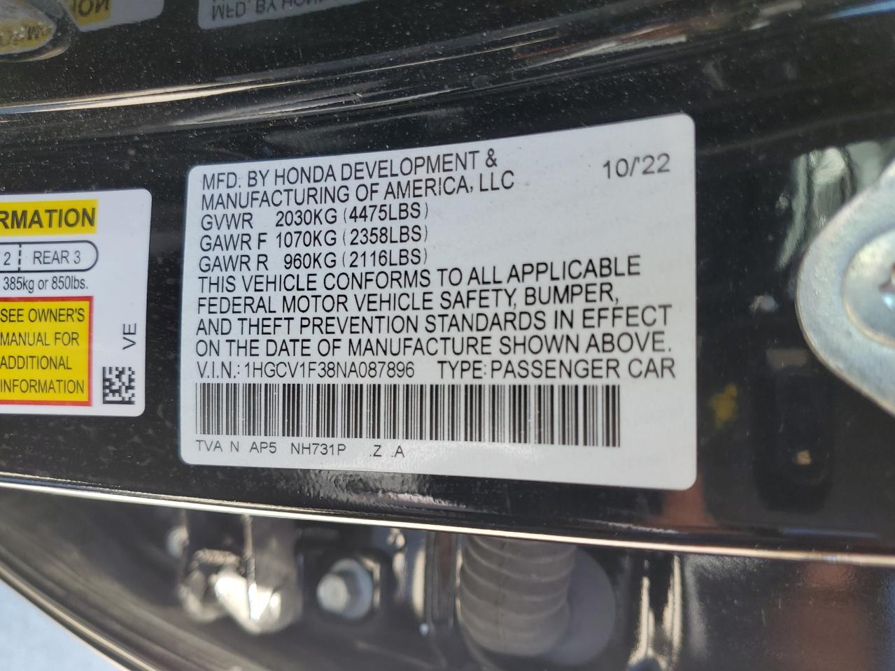 2022 Honda Accord Sport VIN: 1HGCV1F38NA087896 Lot: 58037024