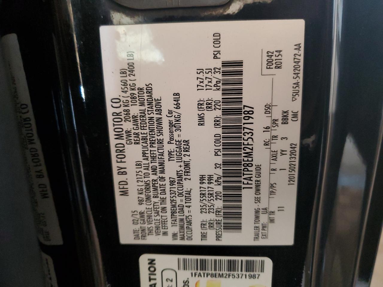 2015 Ford Mustang VIN: 1FATP8EM2F5371987 Lot: 60970154