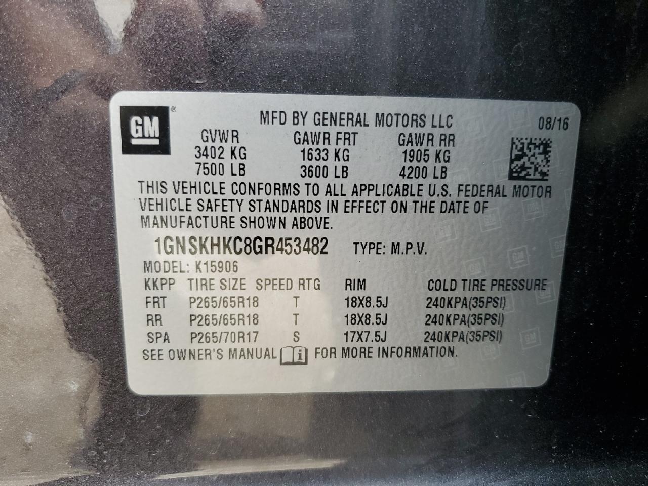 2016 Chevrolet Suburban K1500 Lt VIN: 1GNSKHKC8GR453482 Lot: 51240455