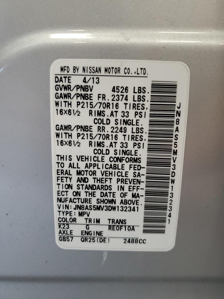 2013 Nissan Rogue S VIN: JN8AS5MV3DW132341 Lot: 59628584