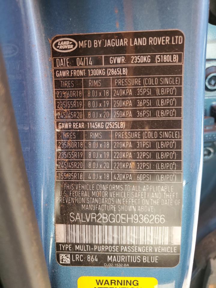 2014 Land Rover Range Rover Evoque Pure Premium VIN: SALVR2BG0EH936266 Lot: 54893774