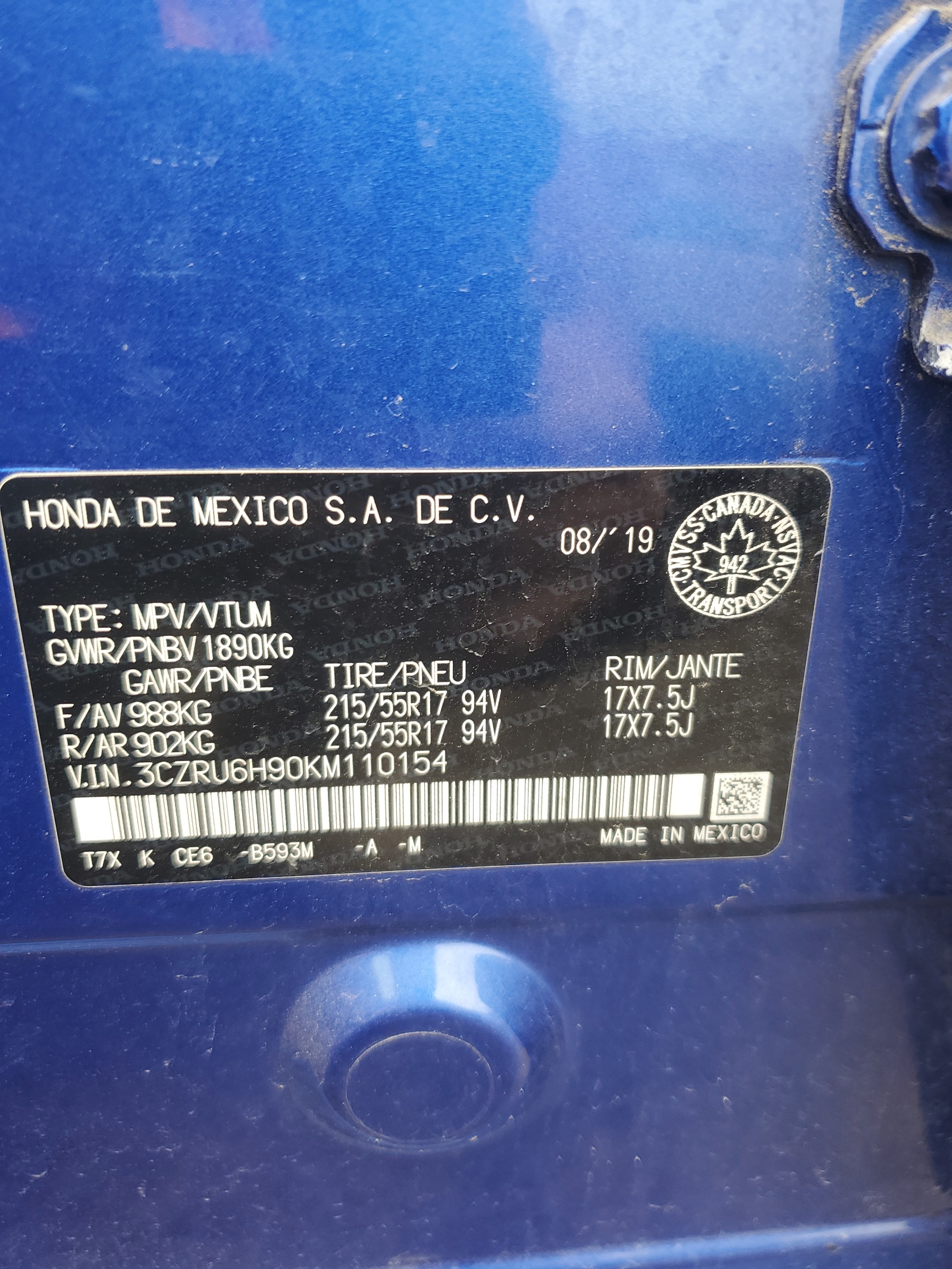 3CZRU6H90KM110154 2019 Honda Hr-V Touring