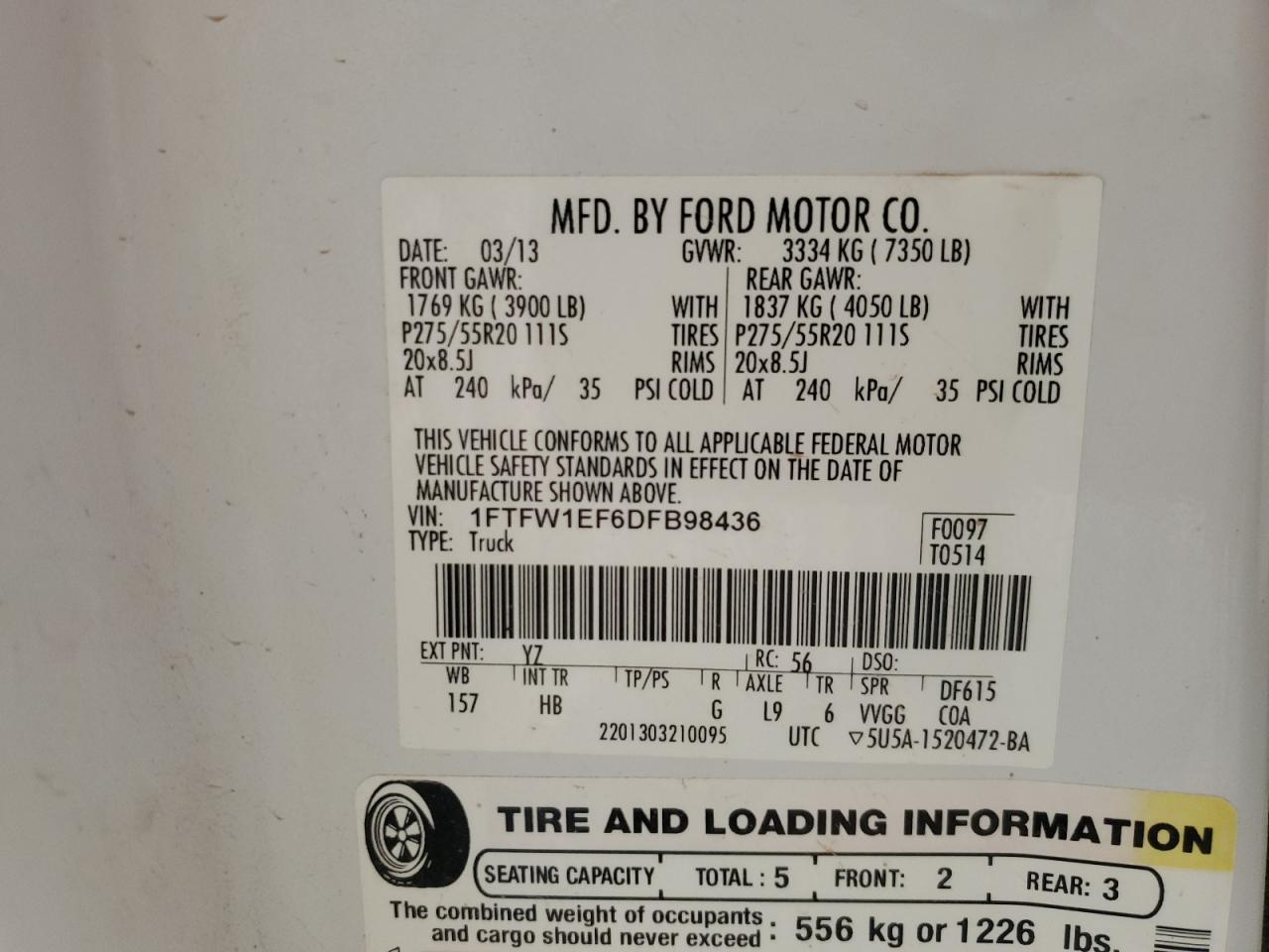 2013 Ford F150 Supercrew VIN: 1FTFW1EF6DFB98436 Lot: 59504174