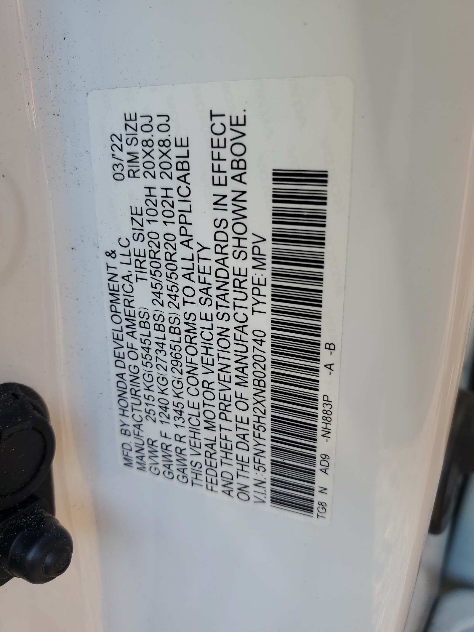 5FNYF5H2XNB020740 2022 Honda Pilot Se